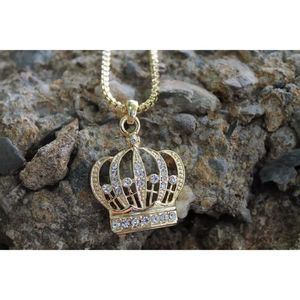 Gold Crown Pendant Necklace with Clear Crystal Accents